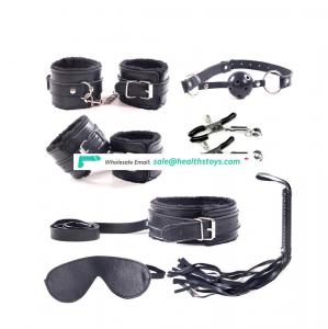 MUQU 7 PCS nipple clamps soft plush PVC leather furry bdsm male leather bondage gear set