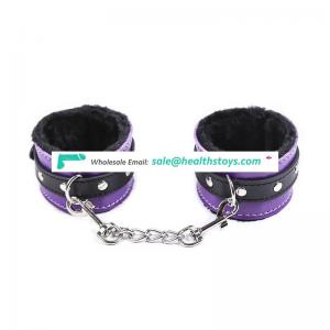 Purple & Black PU Leather Furry Sex Porn Handcuffs Adult Toy